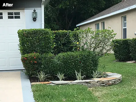 The bed to the right of the garage after replanting and edging