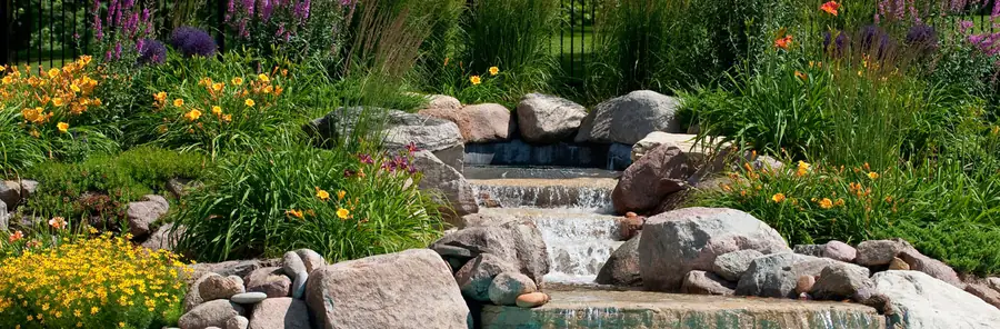 A Greenscapes landscape: a rock water feature surrounded by day lilies and ornamental grasses in full bloom