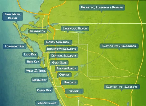 Map of the Greenscapes service area covering Sarasota and Manatee Counties, from Bradenton in the north to Venice in the south