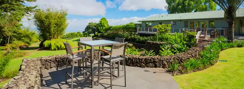 A paved terrace with a high table and stools beside a planted stone retaining wall and a lawn